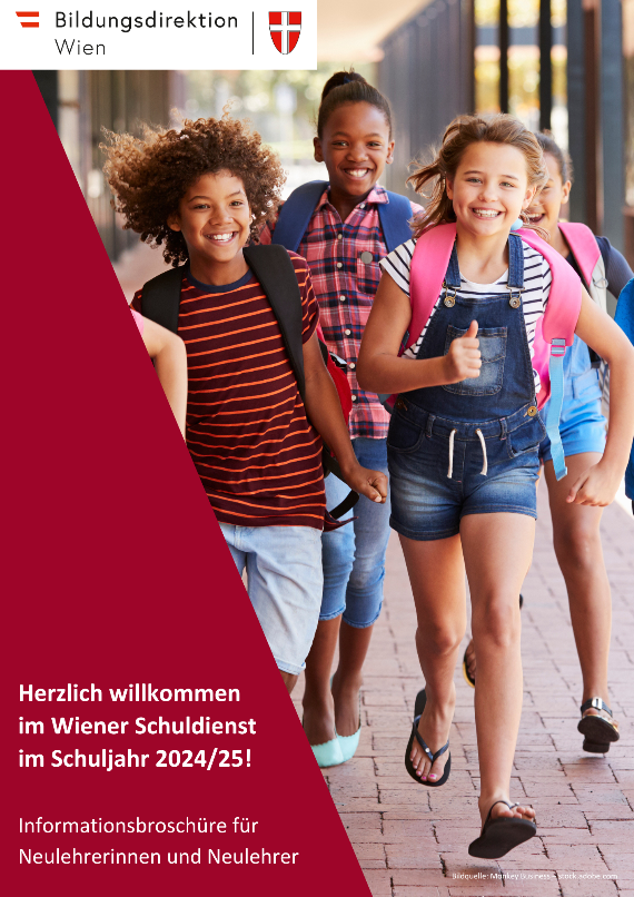 Informationsbroschüre für Wiener Neulehrerinnen und Neulehrer. Auf dem Bild sind Kinder mit Schultaschen.